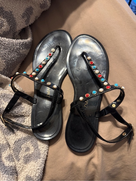 Stuart Weitzman Shoes - Stuart Weitzman Black T-Strap Sandals with Red, Turquoise & Pearl Studs